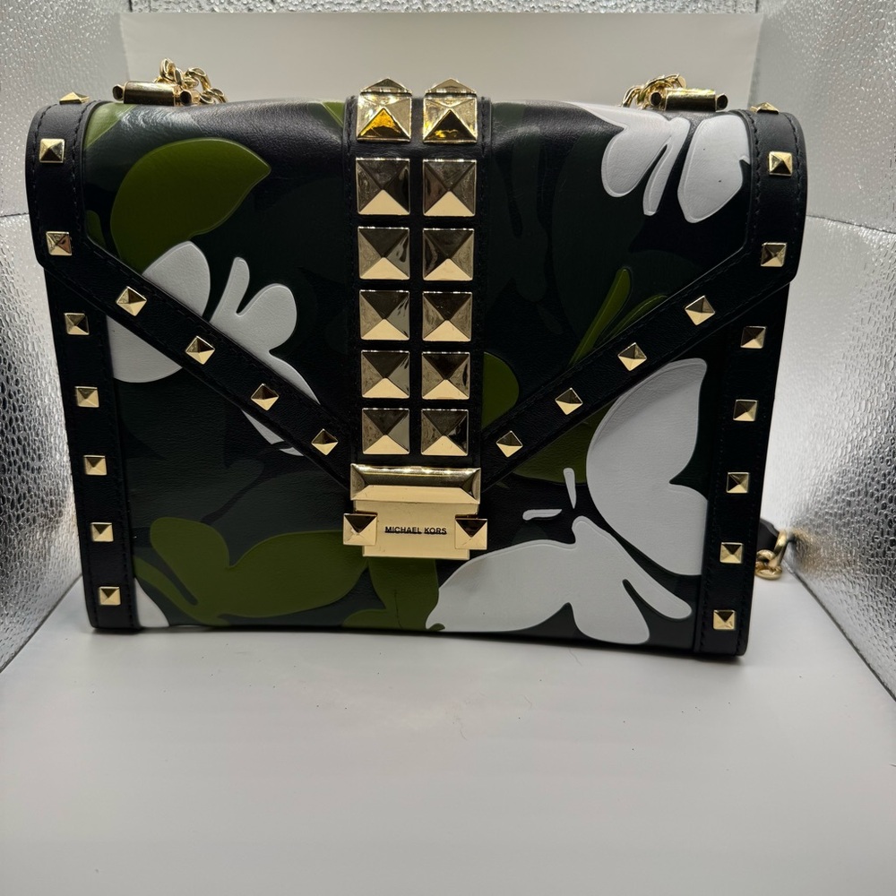 Michael Kors Black and Green Studded Floral Bag